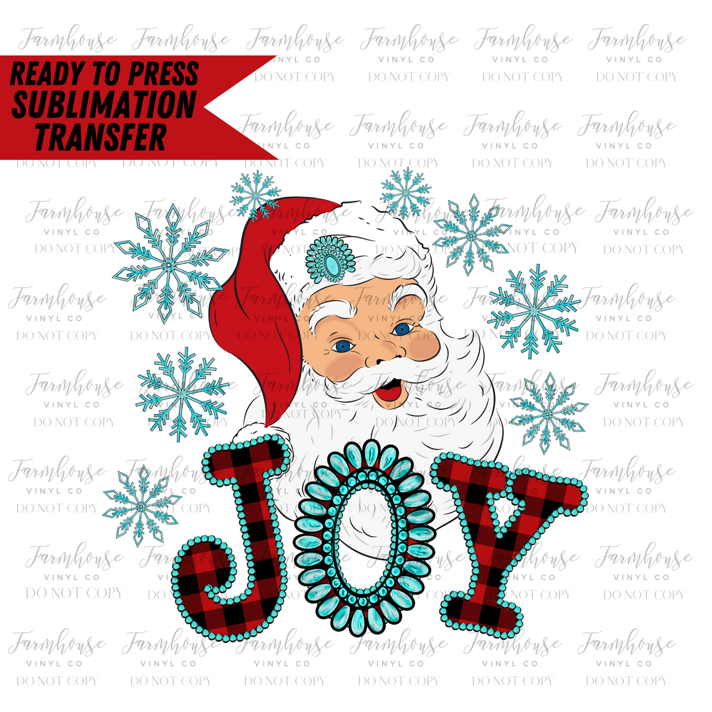 Joy Turquoise Christmas Santa Ready To Press Sublimation Transfer - Farmhouse Vinyl Co