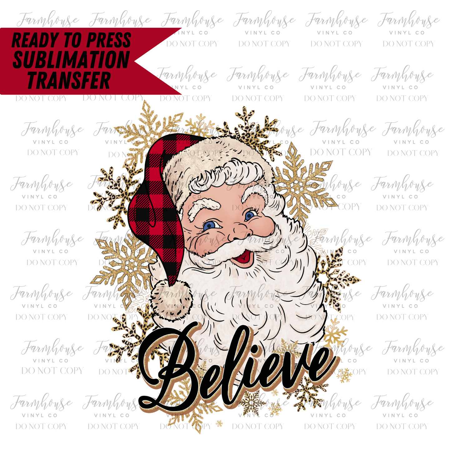 Buffalo Plaid And Gold Santa Claus Believe Ready To Press Sublimation Transfer Design - Farmhouse Vinyl Co