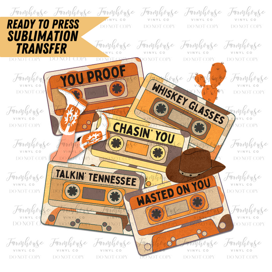 Country Music Tapes Ready To Press Sublimation Transfer Design - Farmhouse Vinyl Co