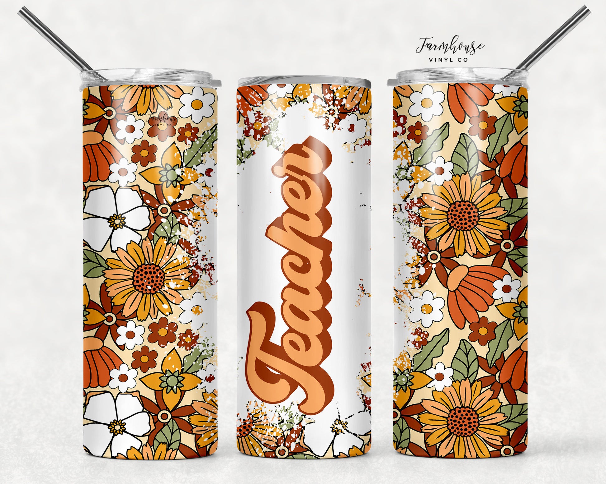 Retro Daisies Teacher Tumbler - Farmhouse Vinyl Co