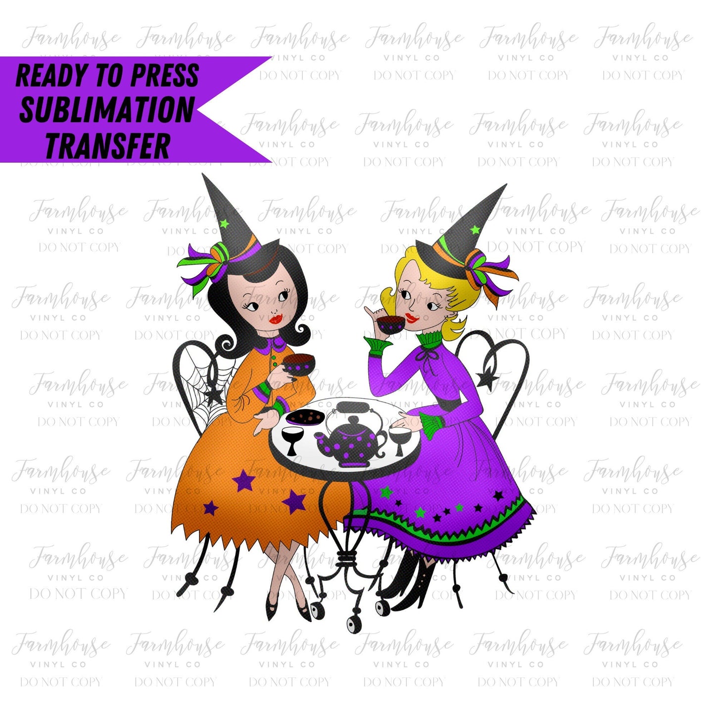 Vintage Halloween Girl Witch Designs, Ready to Press Sublimation Transfers, Sublimation design, Trick or Treat, 50's Halloween Design, Witch